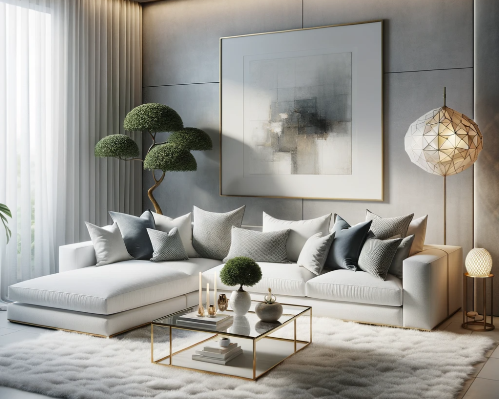 DALL·E 2023-11-08 10.21.16 - An elegant living room with modern furniture. A sleek, white sectional sofa with decorative grey and blue pillows, a glass-top coffee table with a sma